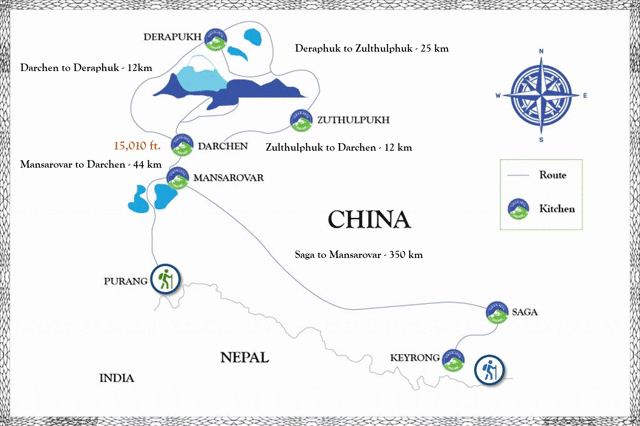 Map of Madhuban kitchens along the Kailash yatra routes through Nepal and Tibet